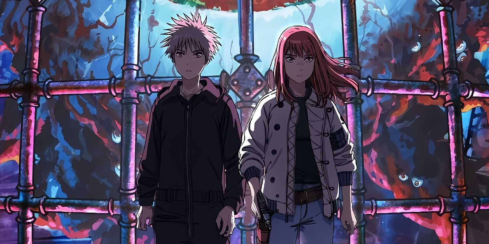 Two teenagers stand in front of metal pipes in a withered realm.
