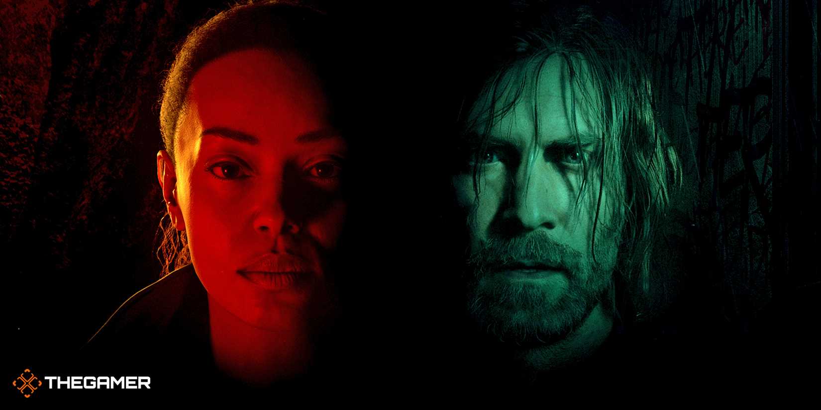 Saga Anderson in red light on the left, Alan Wake in green light on the right