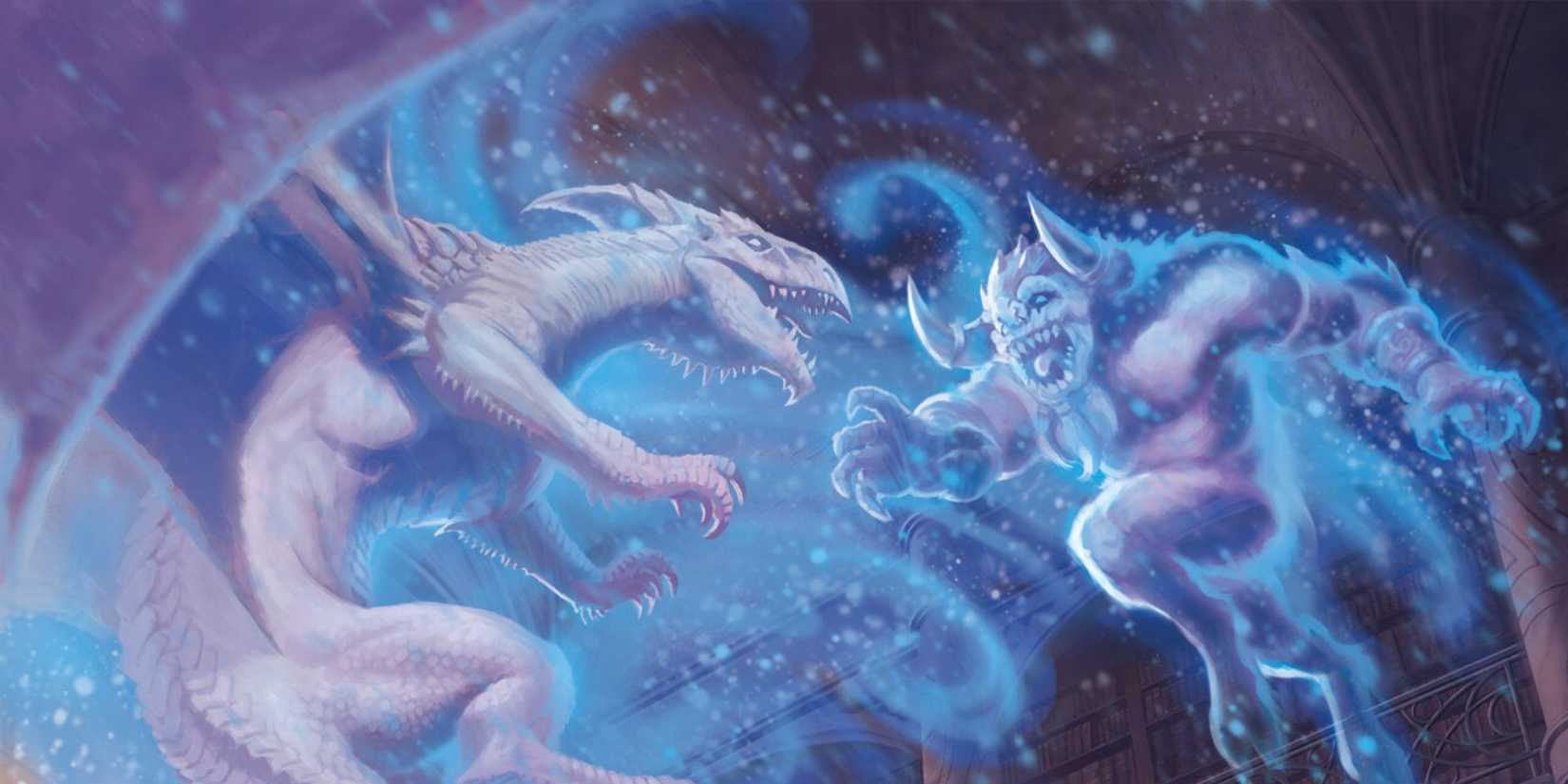 A magical illusion of a Dragon and a demon fighting in D&D Artwork.