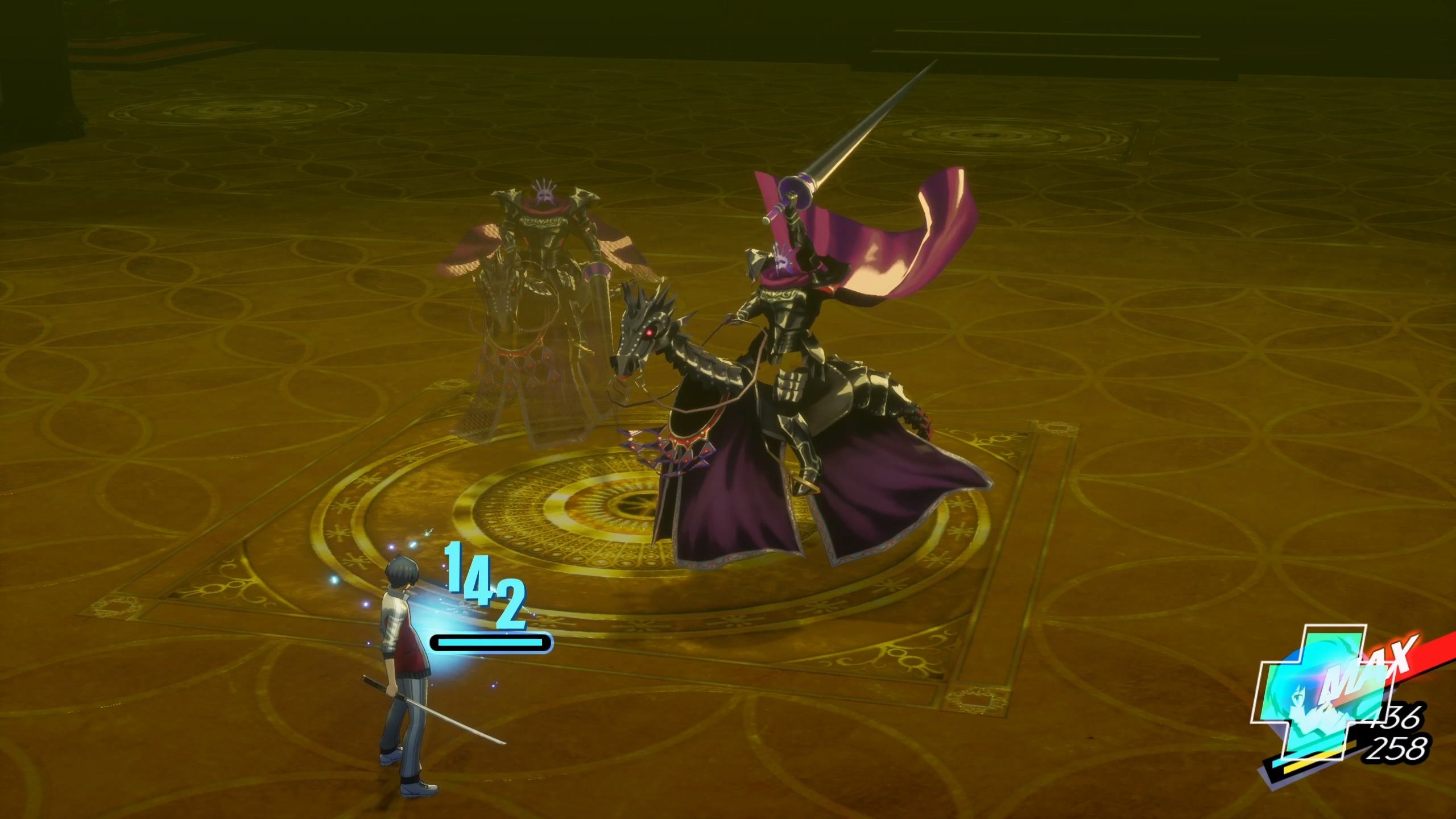 A picture of Persona 3 Reload showing Demented Knight healing the Protagonist.