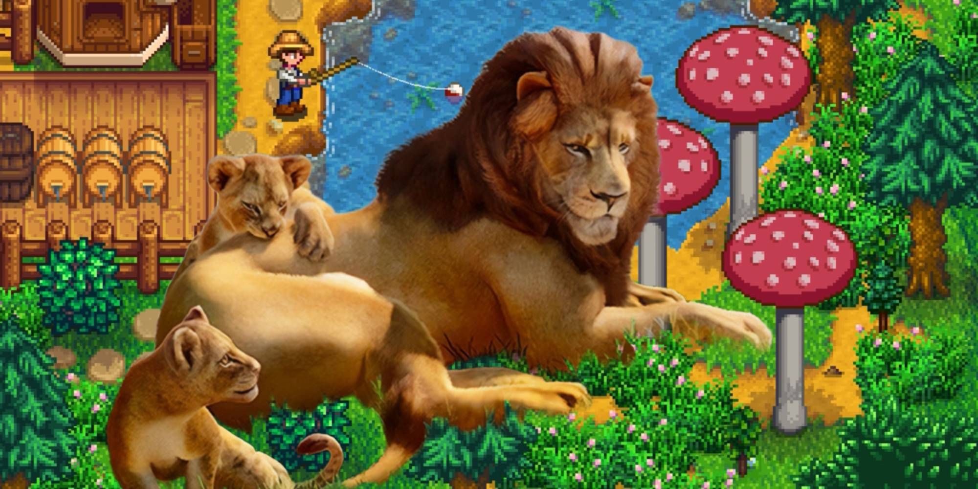 Planet Zoo covers lions over a screenshot of Stardew Valley