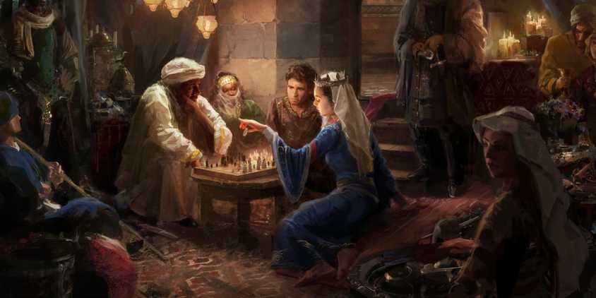 Nobles cristianos y musulmanes juegan al ajedrez en Crusader Kings 3.