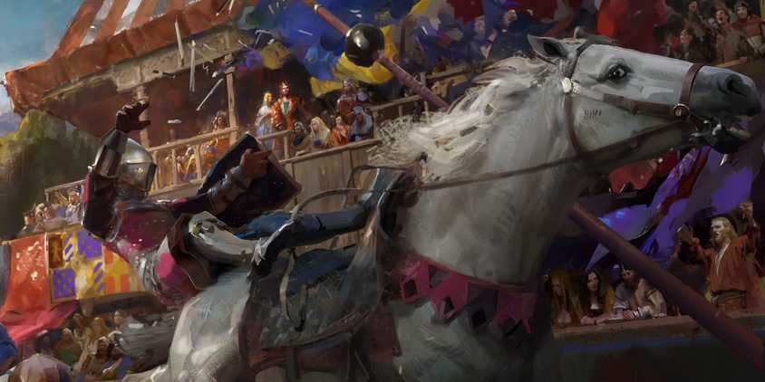 Un caballero en justas es derribado en la pantalla de carga de Crusader Kings 3.