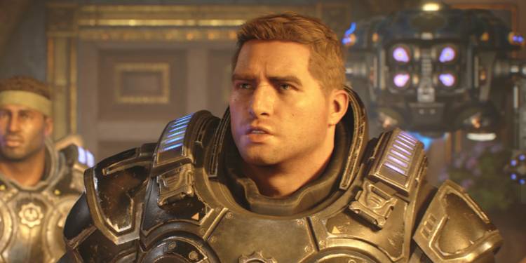 Screenshot Of Gears 5 JD Fenix looking confused in gears armor with companions behind him