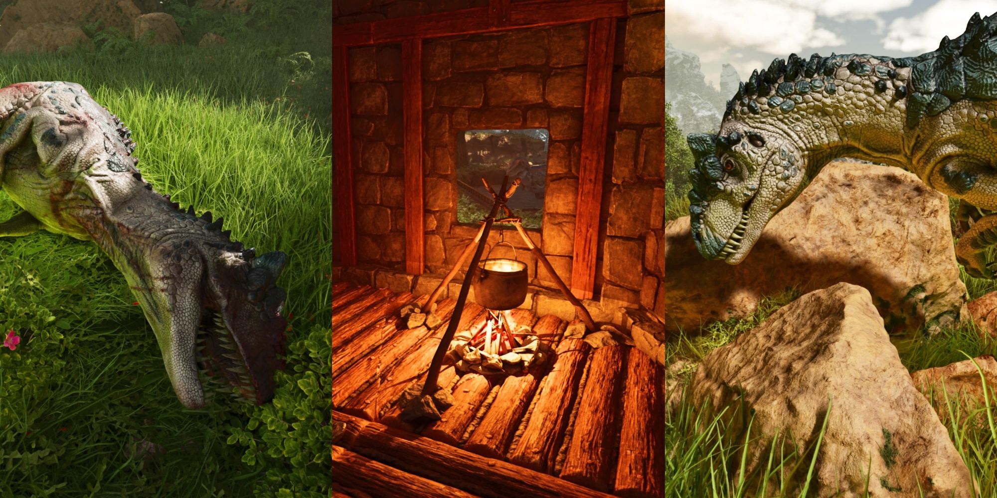 Split image from Ark: Survival Ascended showing an unconscious Allosaurus lying in the grass, a cooking pot with a fire lit beneath it, and a tamed Allosaurus looking into the distance.
