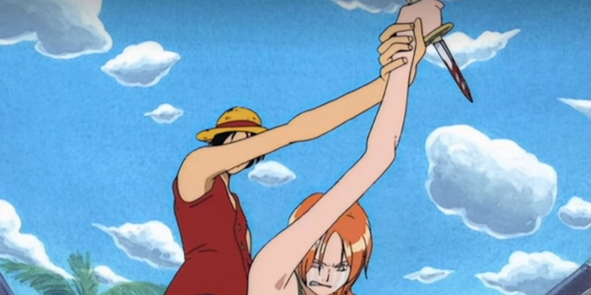 One Piece Luffy Holding Nami's arm to stop her from stabbing as Nami cries