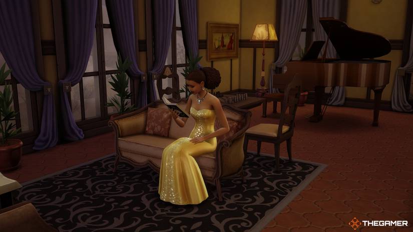 The rich Sims reads a book in the Sims 4 mansion.