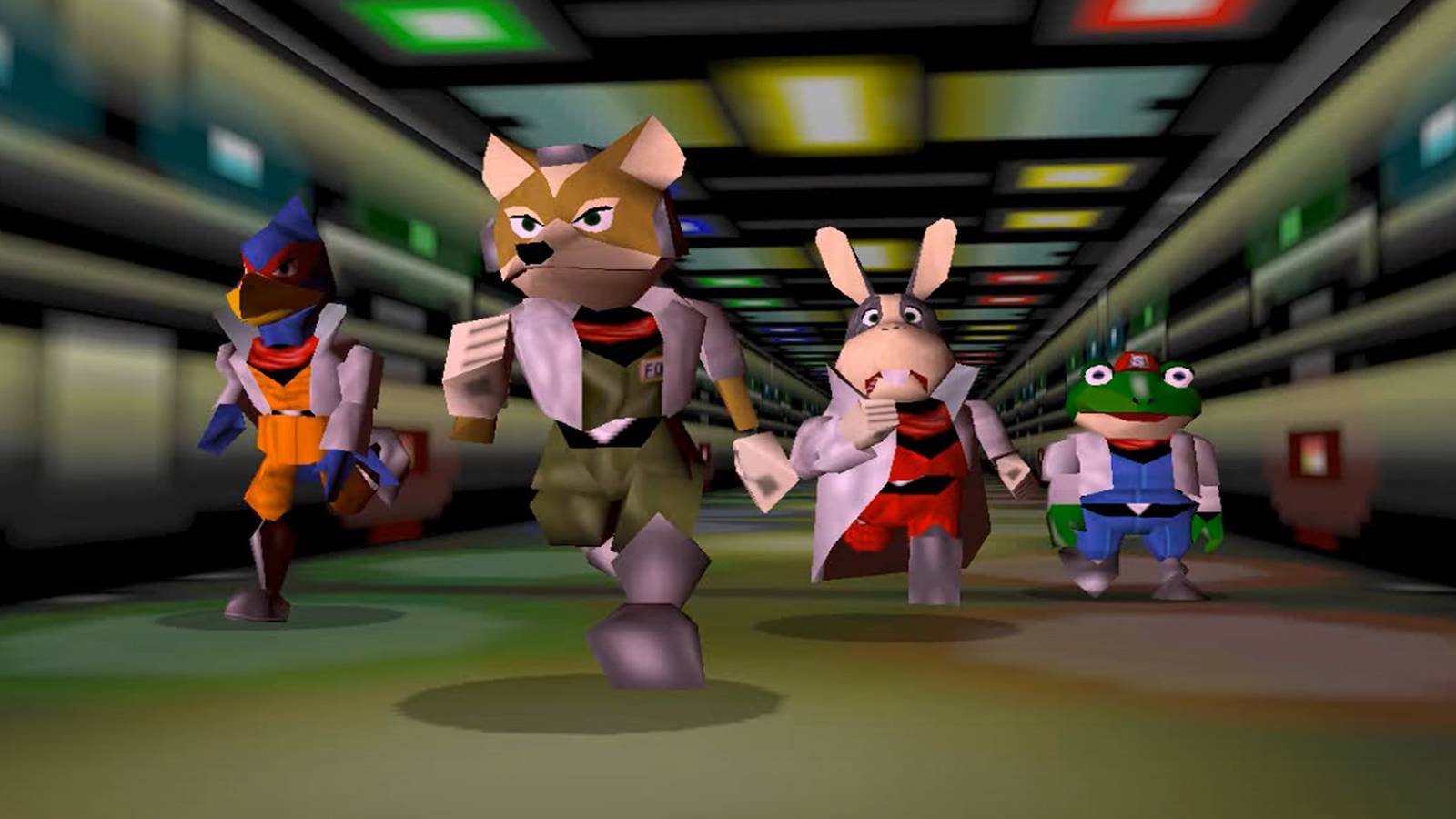 Fox, Falco, Peppy and Slippy run through the Great Fox in Star 64