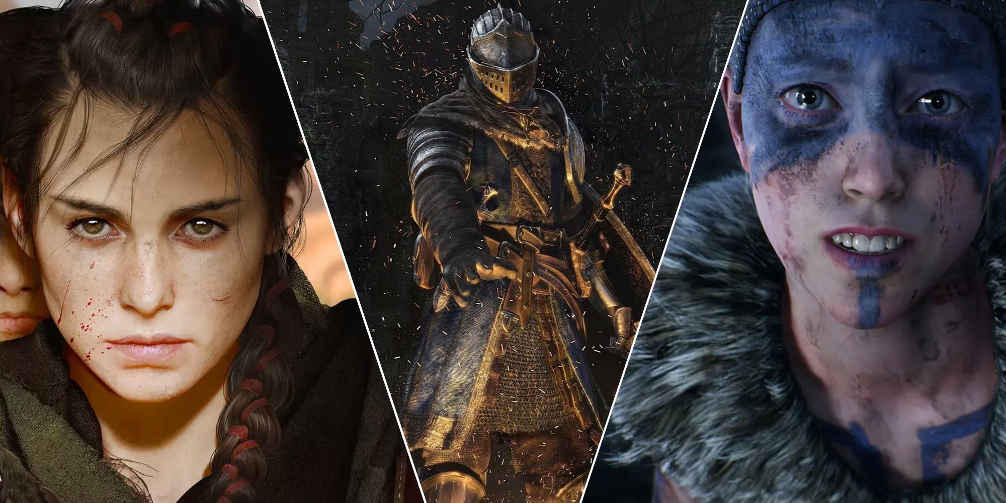 کلاژی که آثار هنری تبلیغاتی Plague Tale، Dark Souls و Hellblade را نشان می‌دهد.