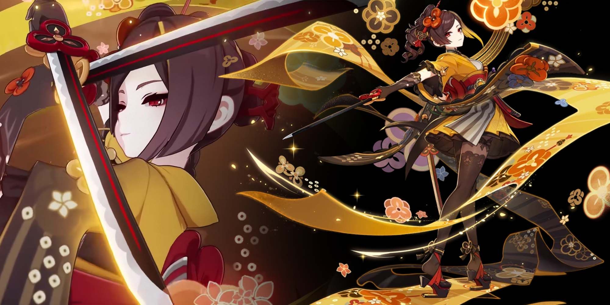 Chiori's splash art on top of a still from her Elemental Burst animation - Genshin Impact