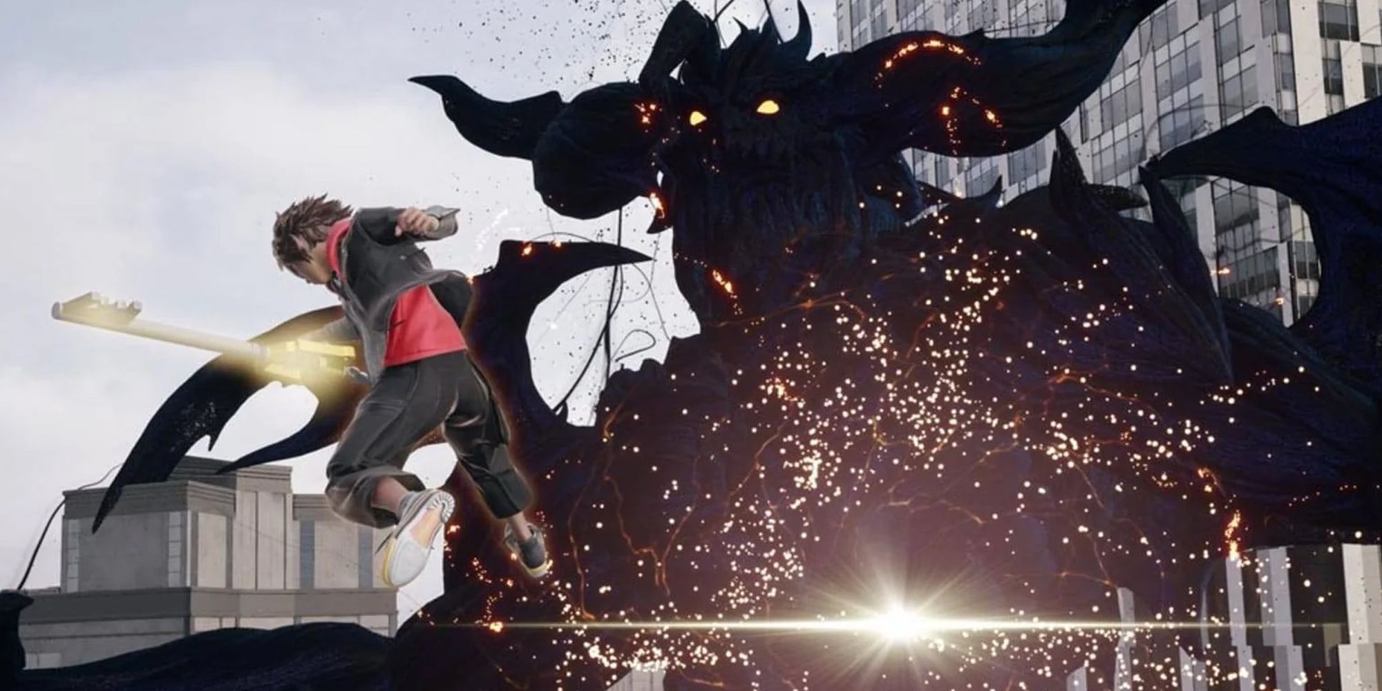 Kingdom Hearts 4 Sora fights huge and merciless monsters in the gray city