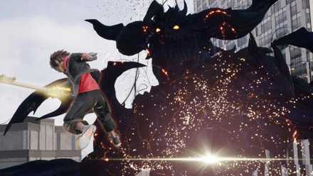 Kingdom Hearts 4 Sora fighting a giant heartless monster in a gray city