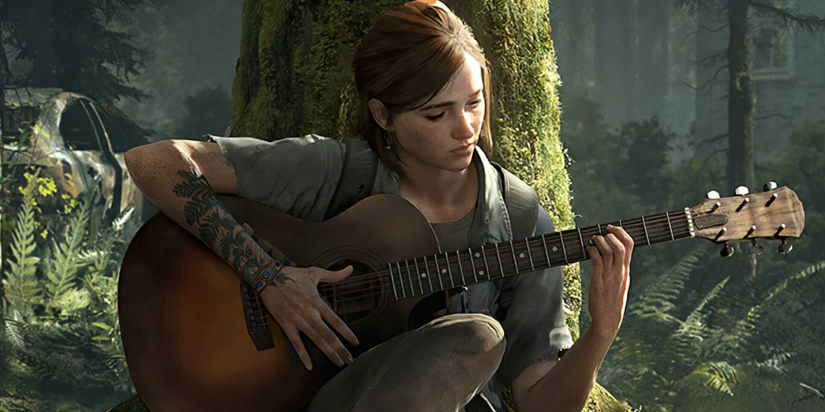 Picture of Ellie playing guitar in the forest from The Last Of Us Part 2. 