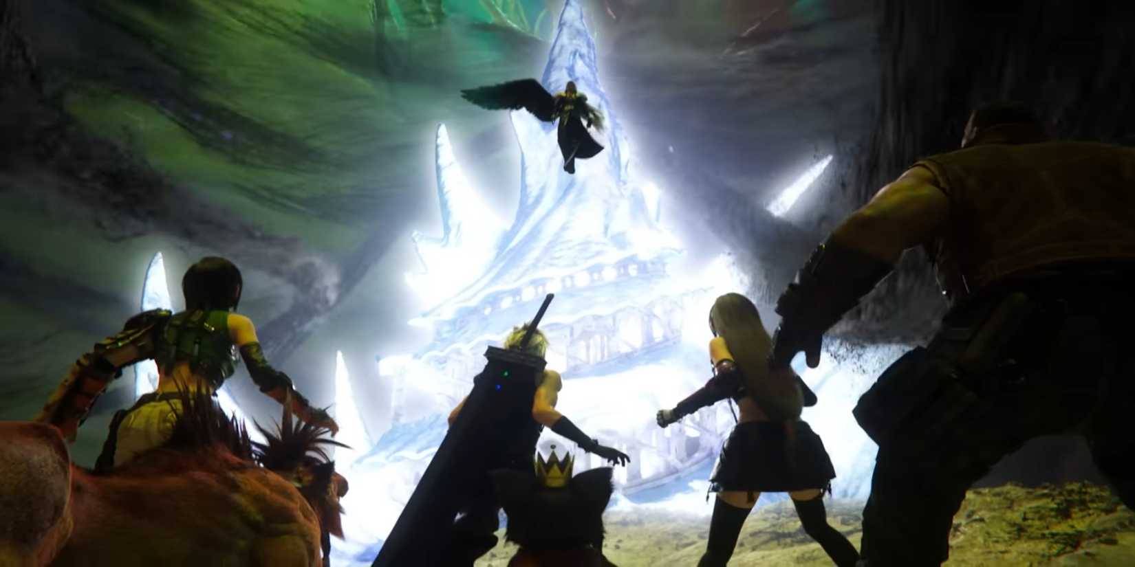 Most of the party members facing off against Sephiroth flying above in Final Fantasy 7 Rebirth.
