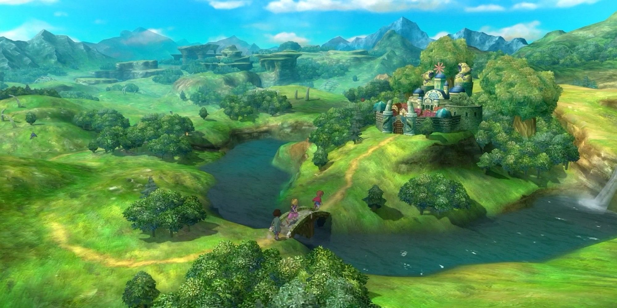 The party of Ni no Kuni crossing the bridge to Ding Dong Dell. 