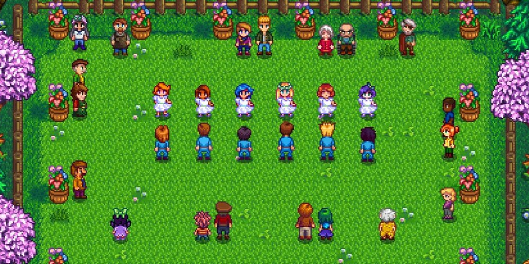 An image from Stardew Valley of the Flower Dance where the whole town gathers to dance in a field.