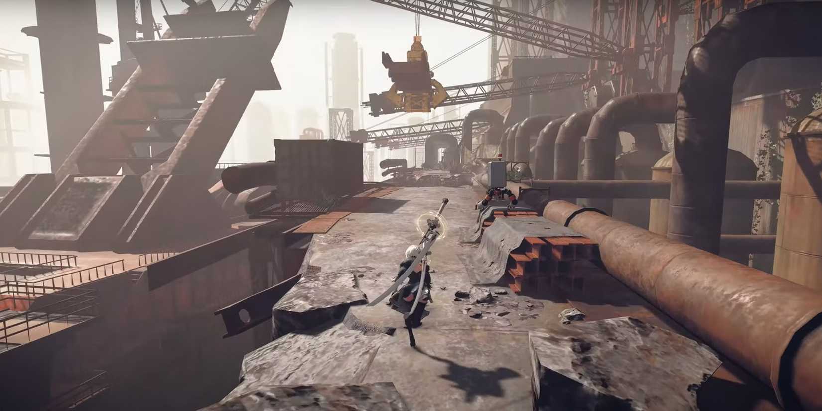 2B exploring an area near the beginning of the game in Nier Automata