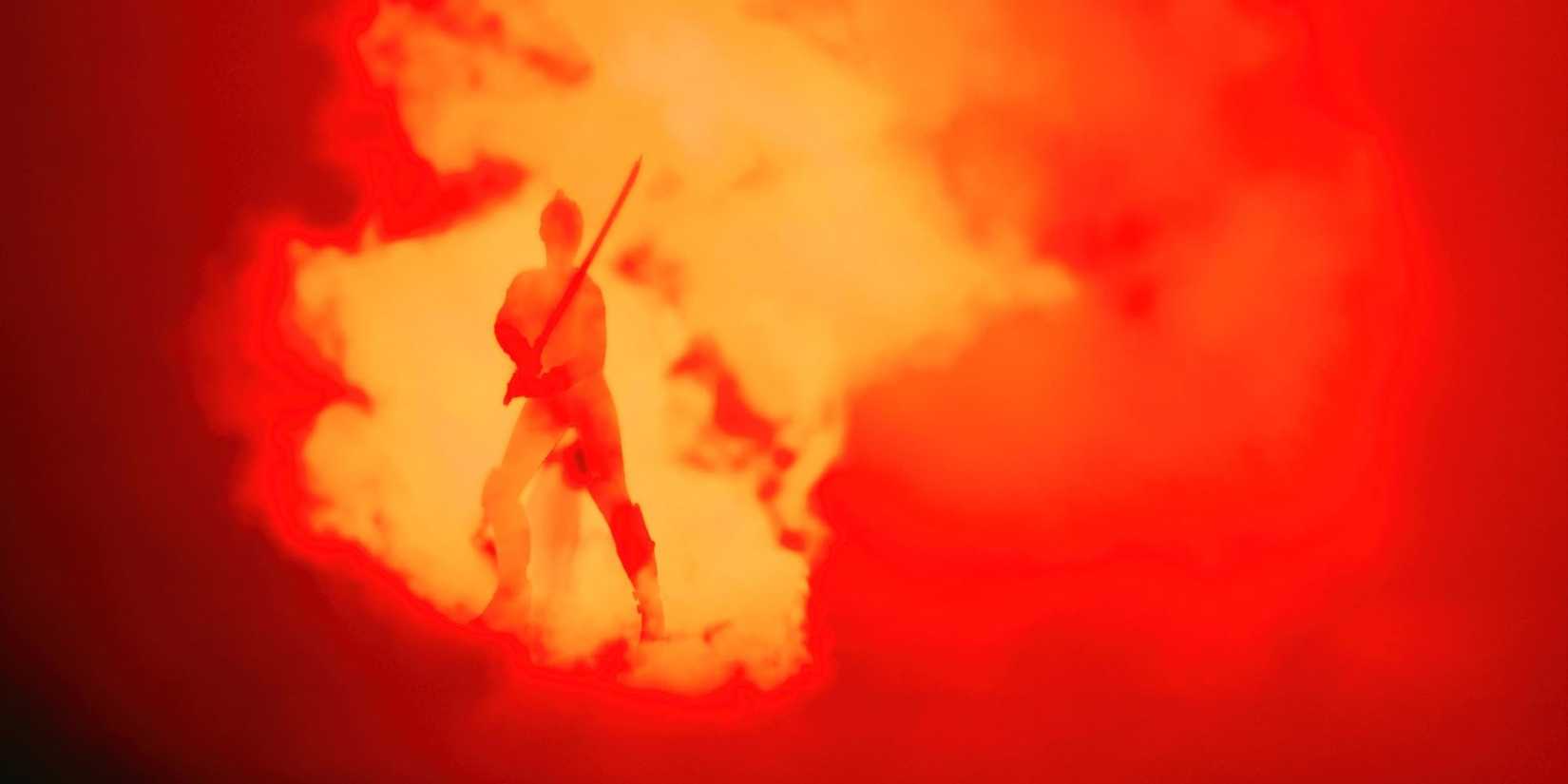 Cyberpunk 2077 V dressed as a samurai in red smoke