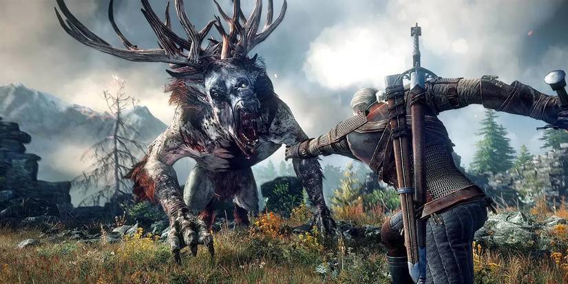 Geralt of Rivia fights monsters in The Witcher 3.