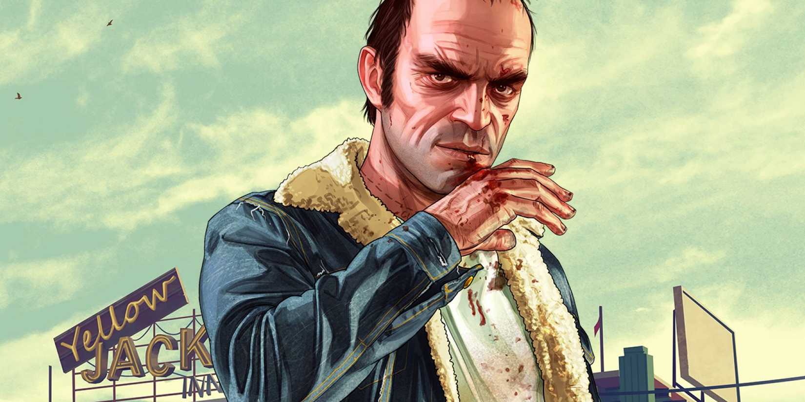 Trevor puts a bloody hand to his mouth in GTA 5.