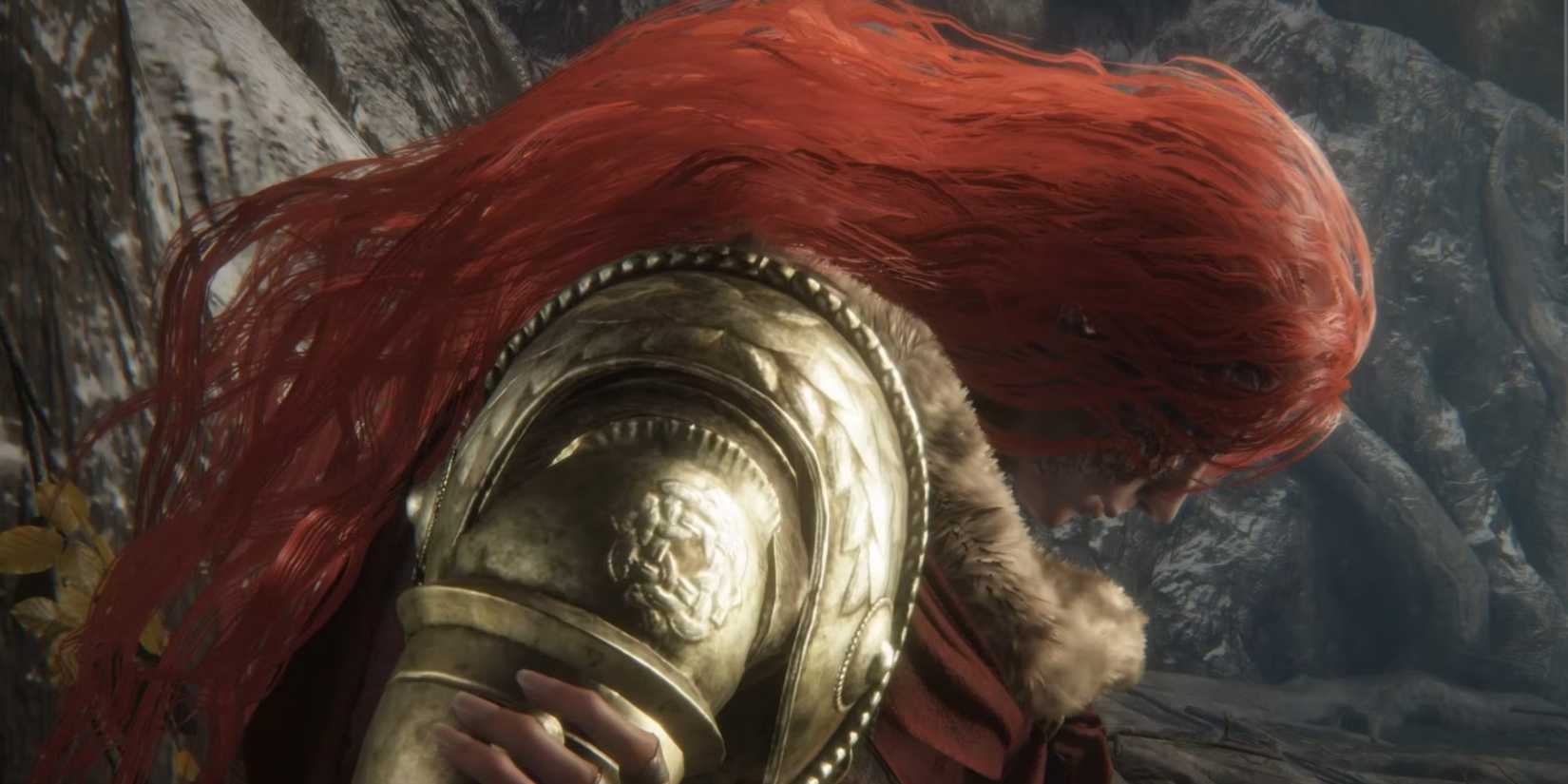 Malenia putting her metal arm on in Elden Ring.