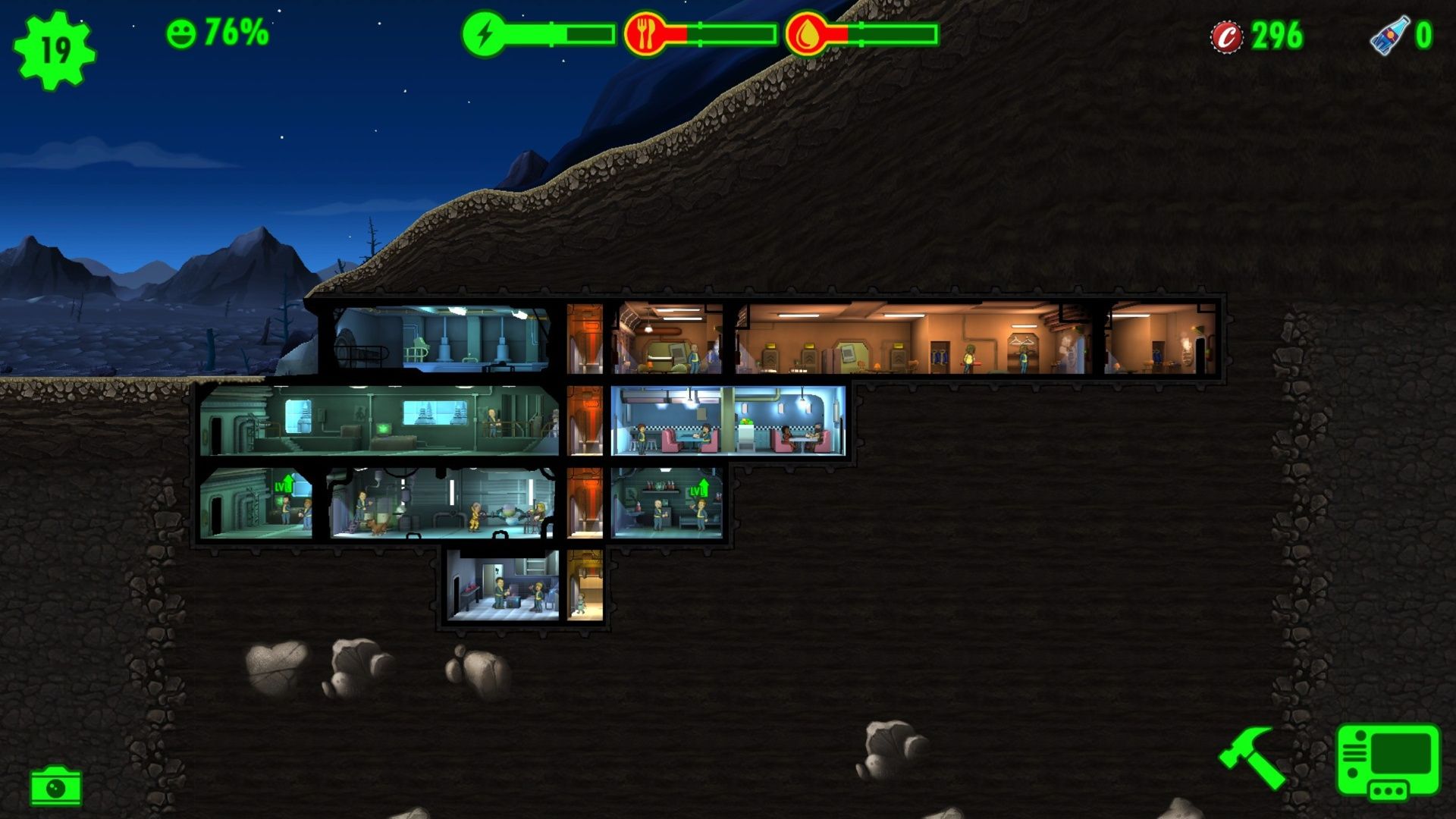 A vault using plenty of space on the top floor while using lower floors as needed in Fallout Shelter.