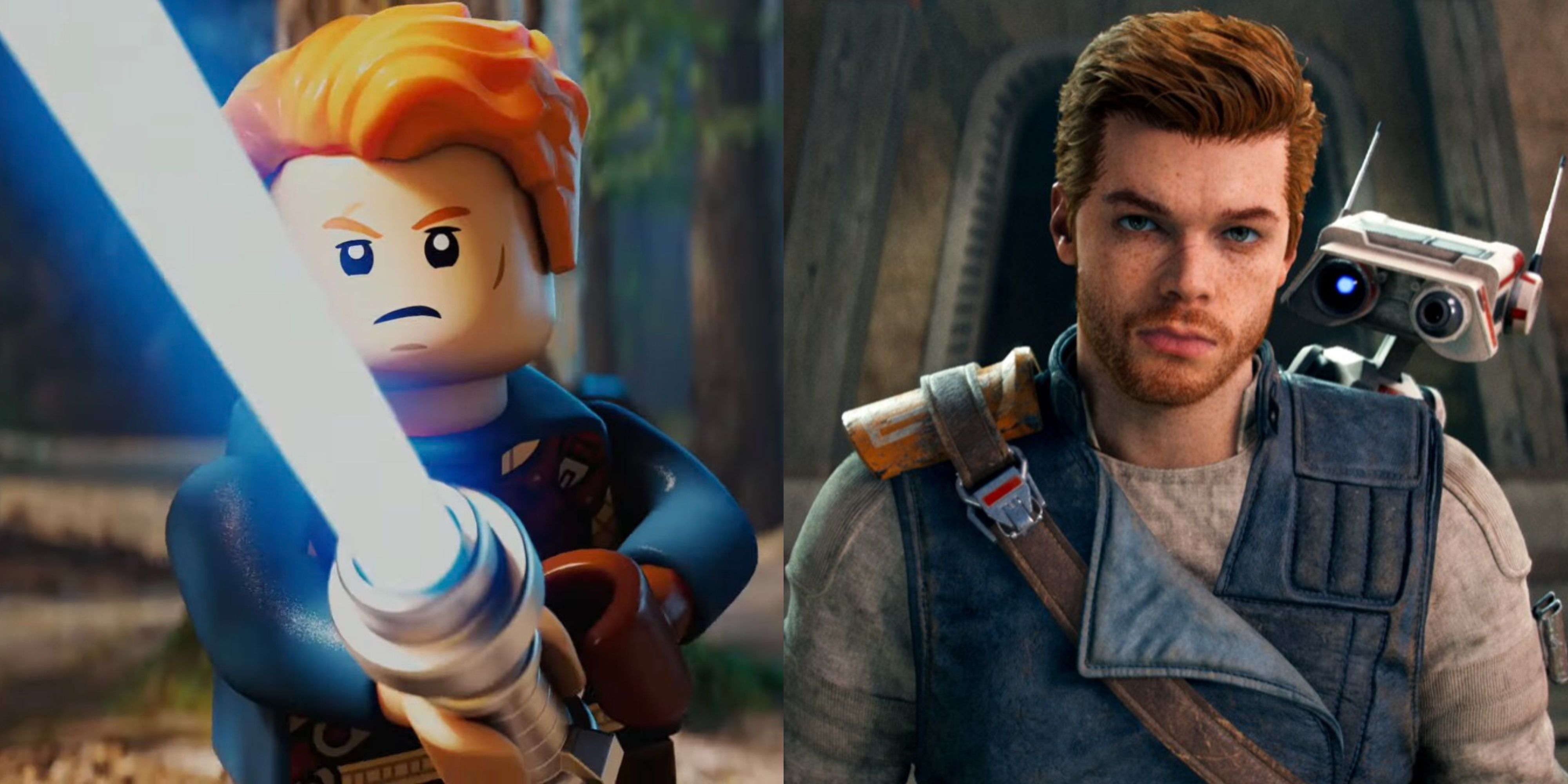 lego cal kestis with a lightsaber, and cal kestis with bd-1 in fallen order