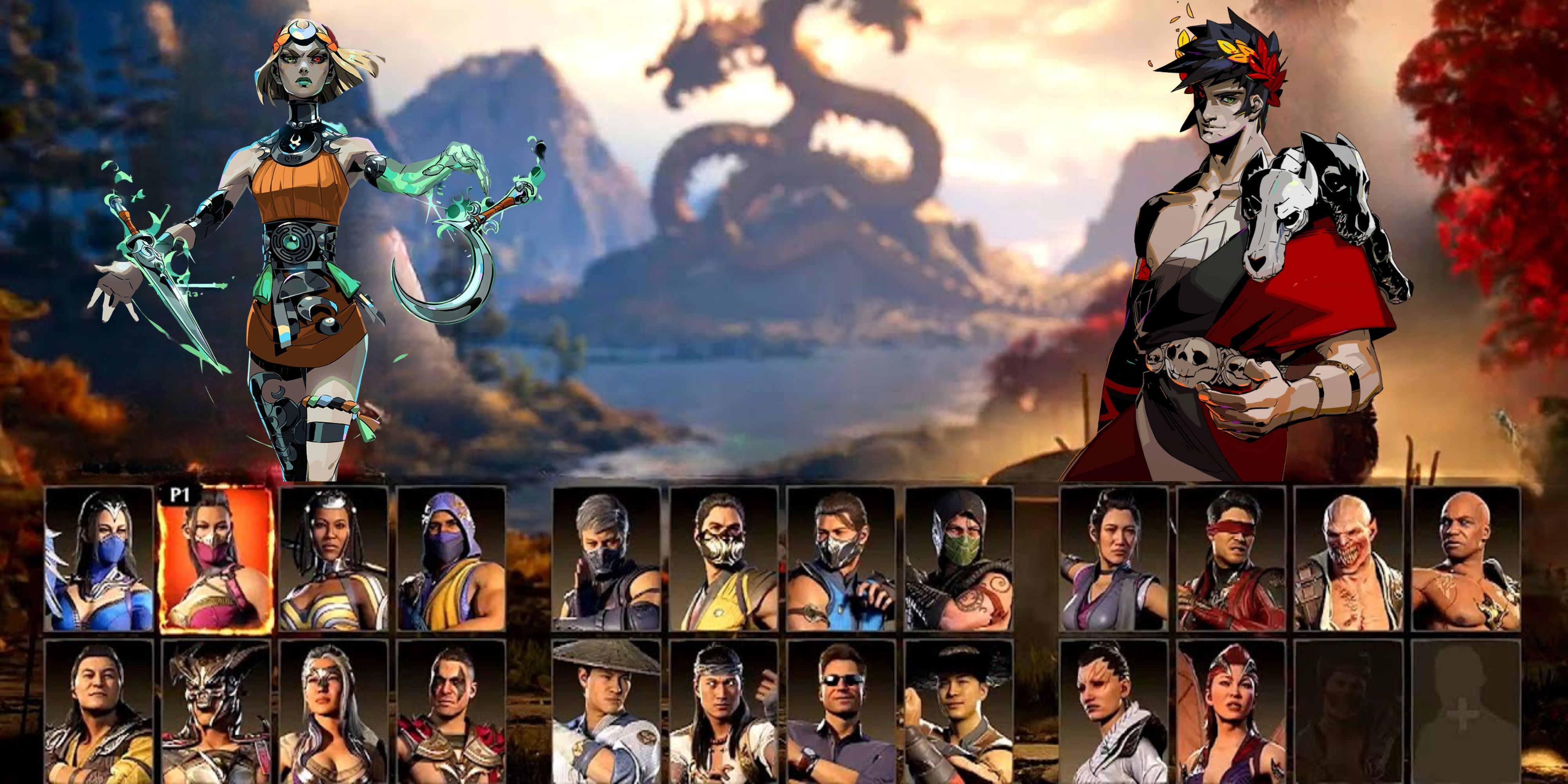 Mortal Kombat 1 character select screen but with Melonie and Zagreus from Hades