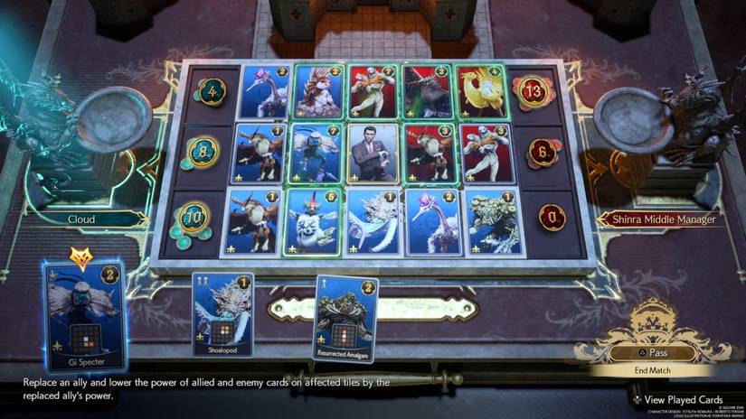 A Queen's Blood Board filled with cards from the Aftermath tire in Final Fantasy 7 Rebirth.