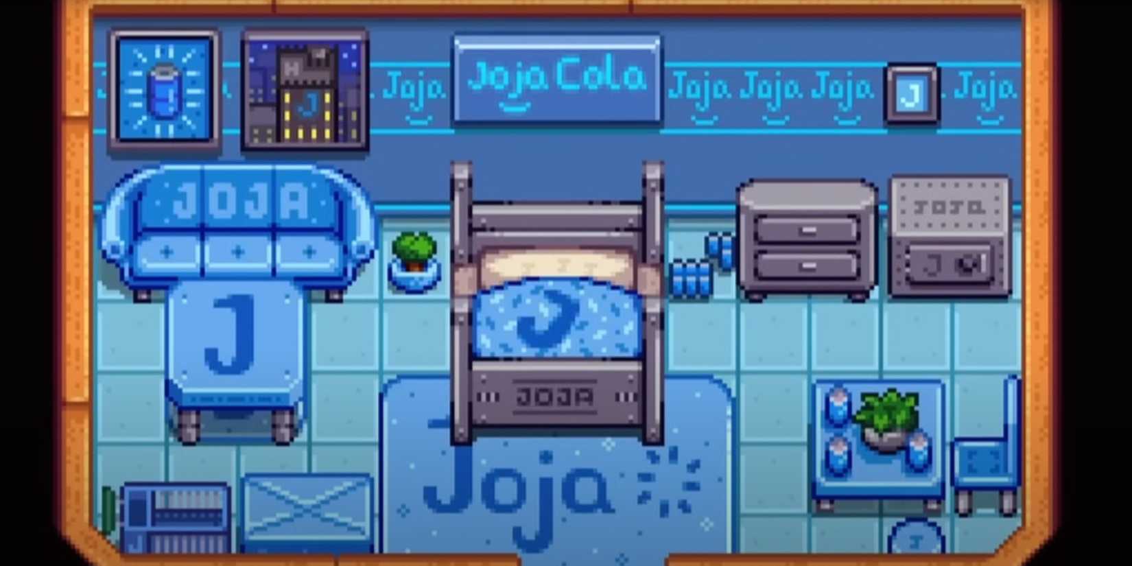 An image from Stardew Valley of the Joja Catalogue, which includes some truly ugly pieces of blue furniture with Joja branding.