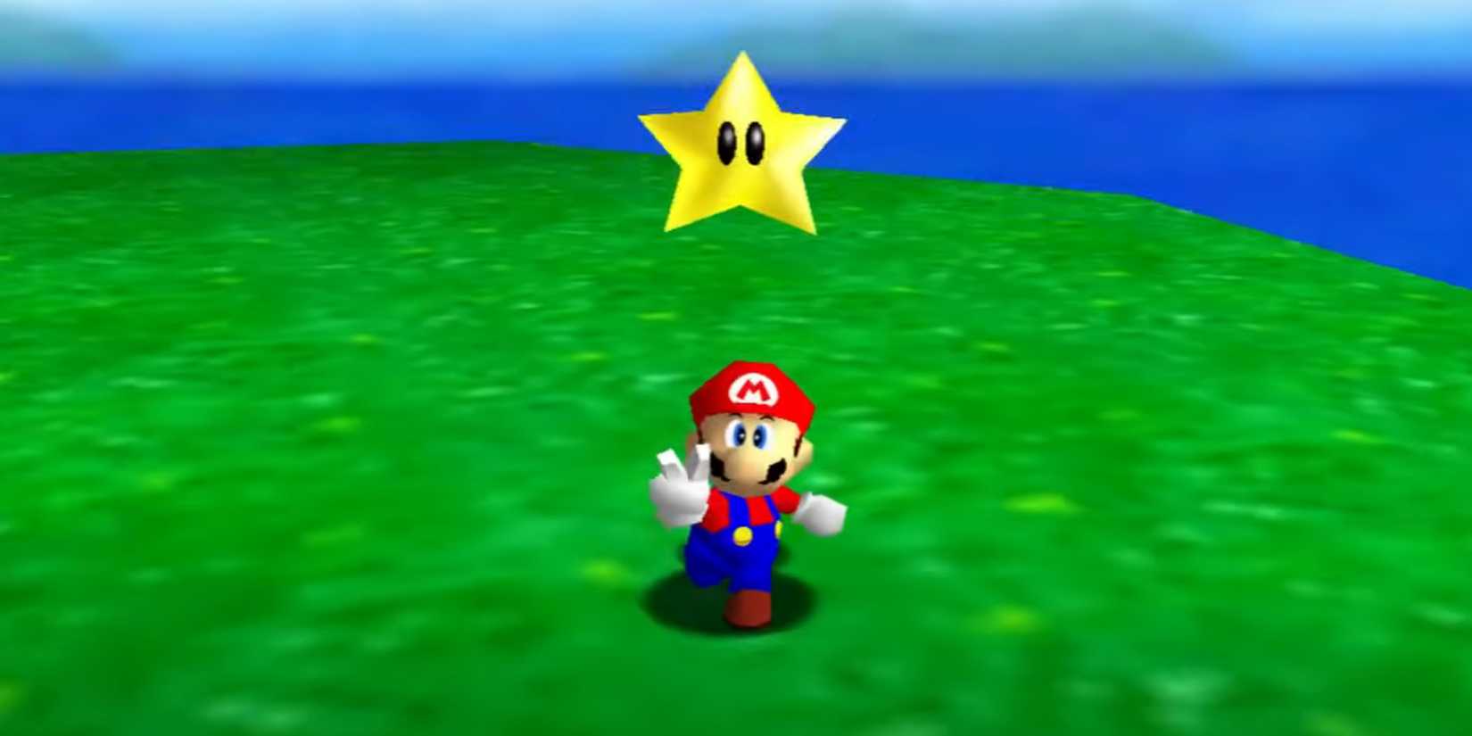 Mario collects a star in Super Mario 64.