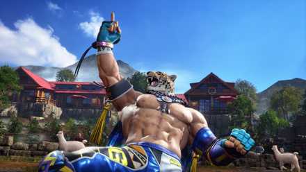 King mocking by pointing to the sky in Tekken 8.