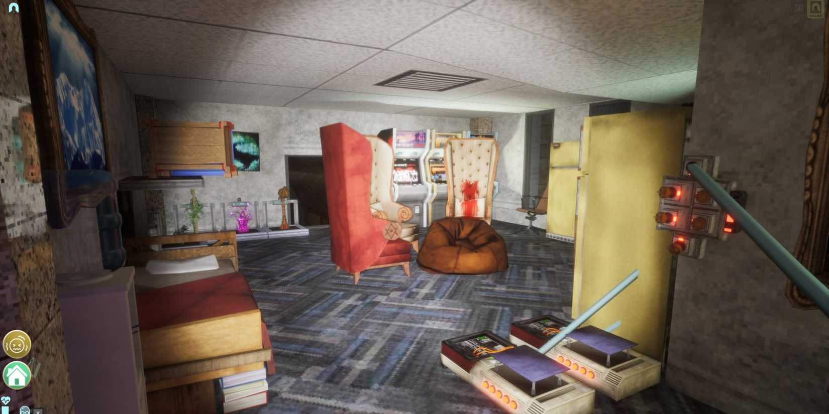 Beds, refrigerators, chairs, and arcade machines in a base in Abiotic Factor
