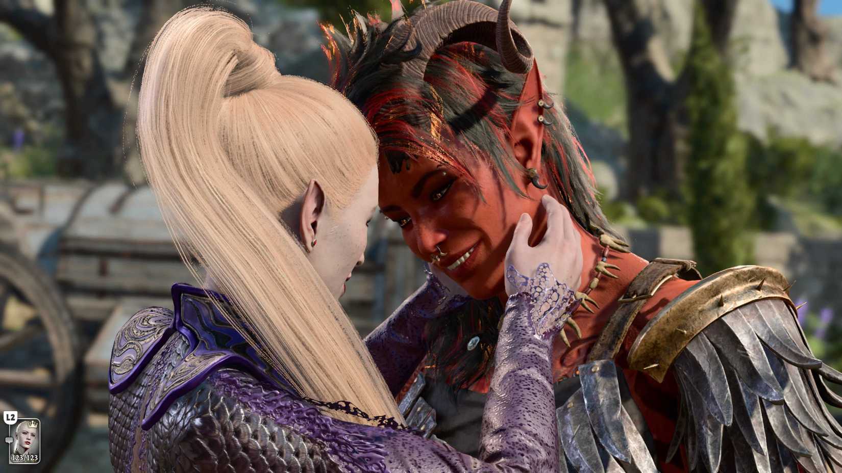 A half drow character about to kiss Karlach in Baldur's Gate 3.