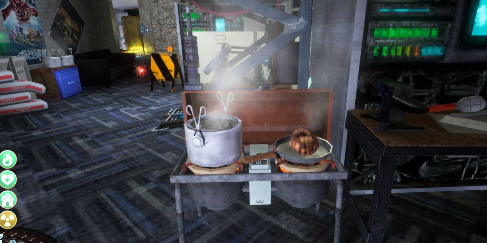 A pot of soup and newly cooked Exor heart on a makeshift stove in Abiotic Factor