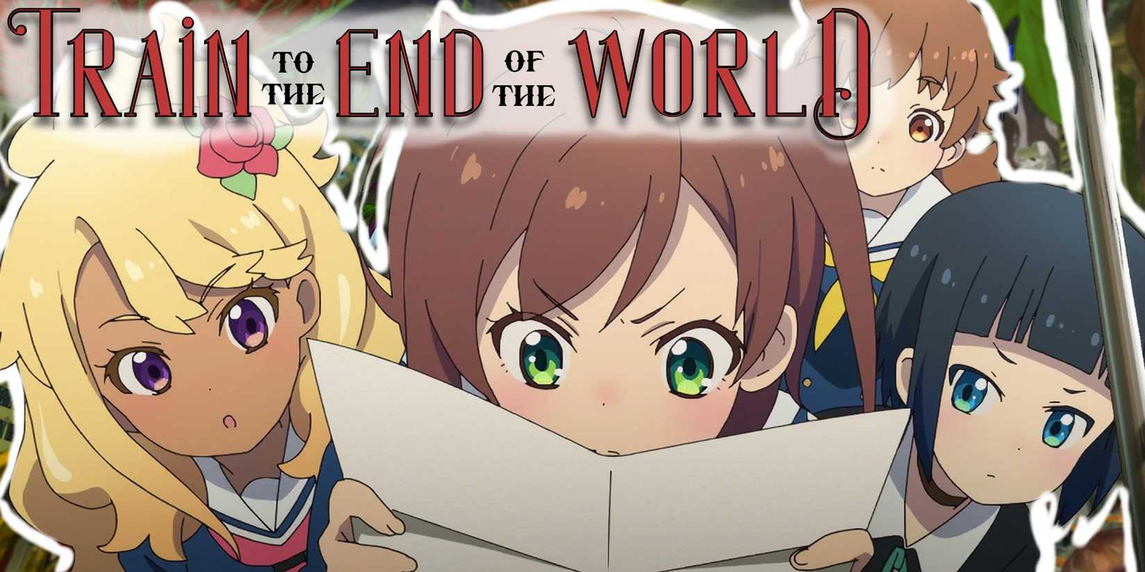 A group of anime girls look at a map on a train through an apocalyptic world.