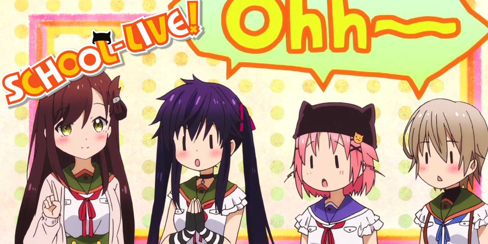 The cast of School Live get educated on something innocent in front of a polka dot background.