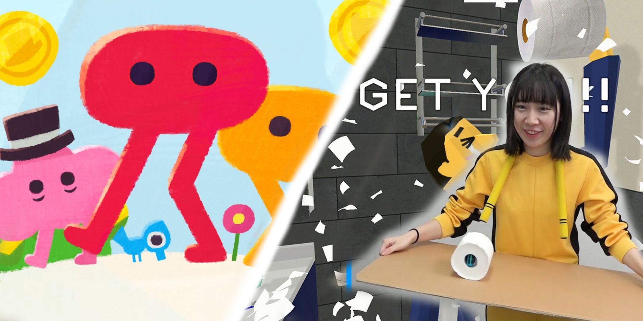 Split image featuring Pikuniku and No Paper! for the Nintendo Switch