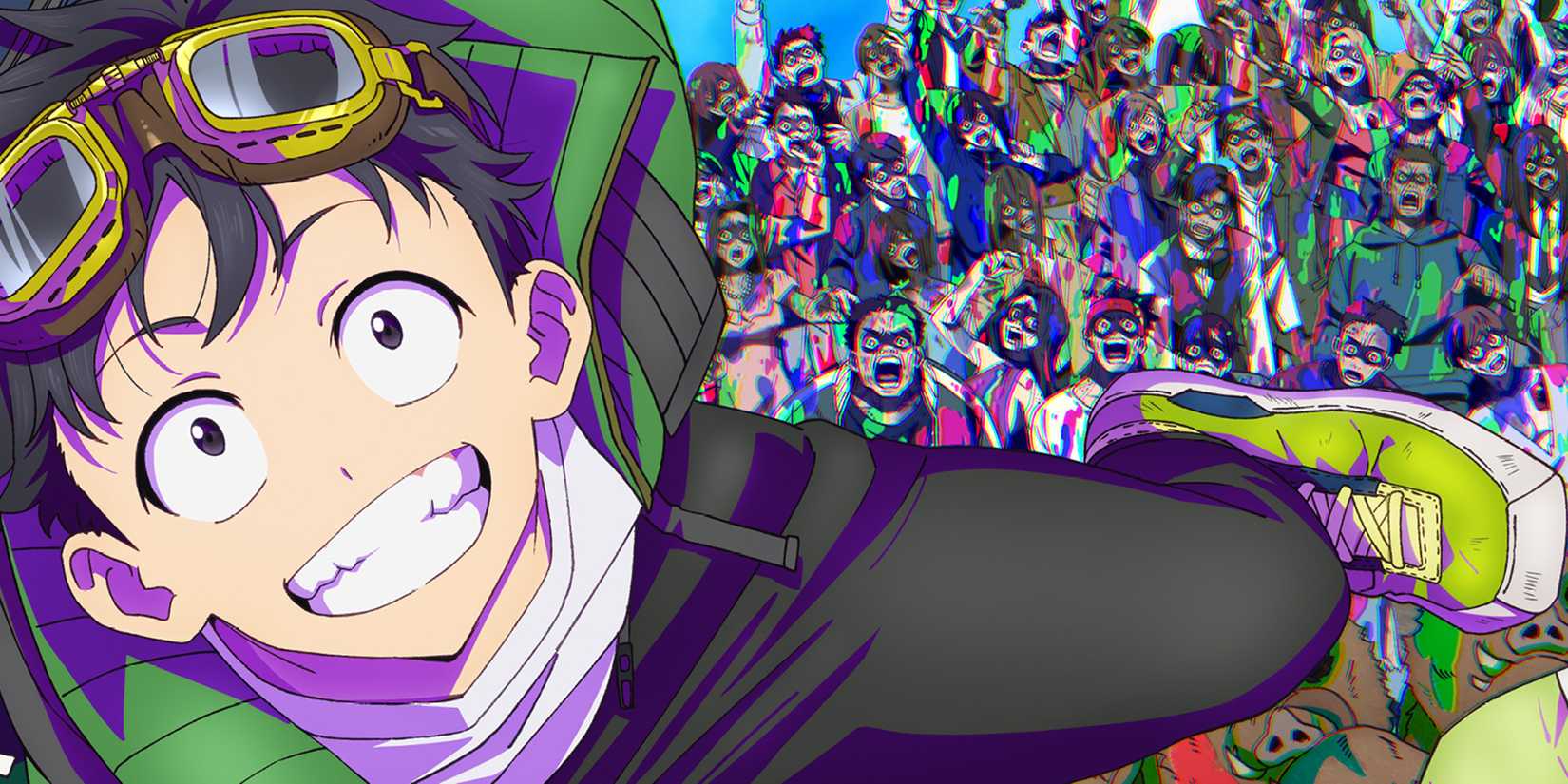 A shonen protagonist jumps into the air just ahead of a large group of zombies.