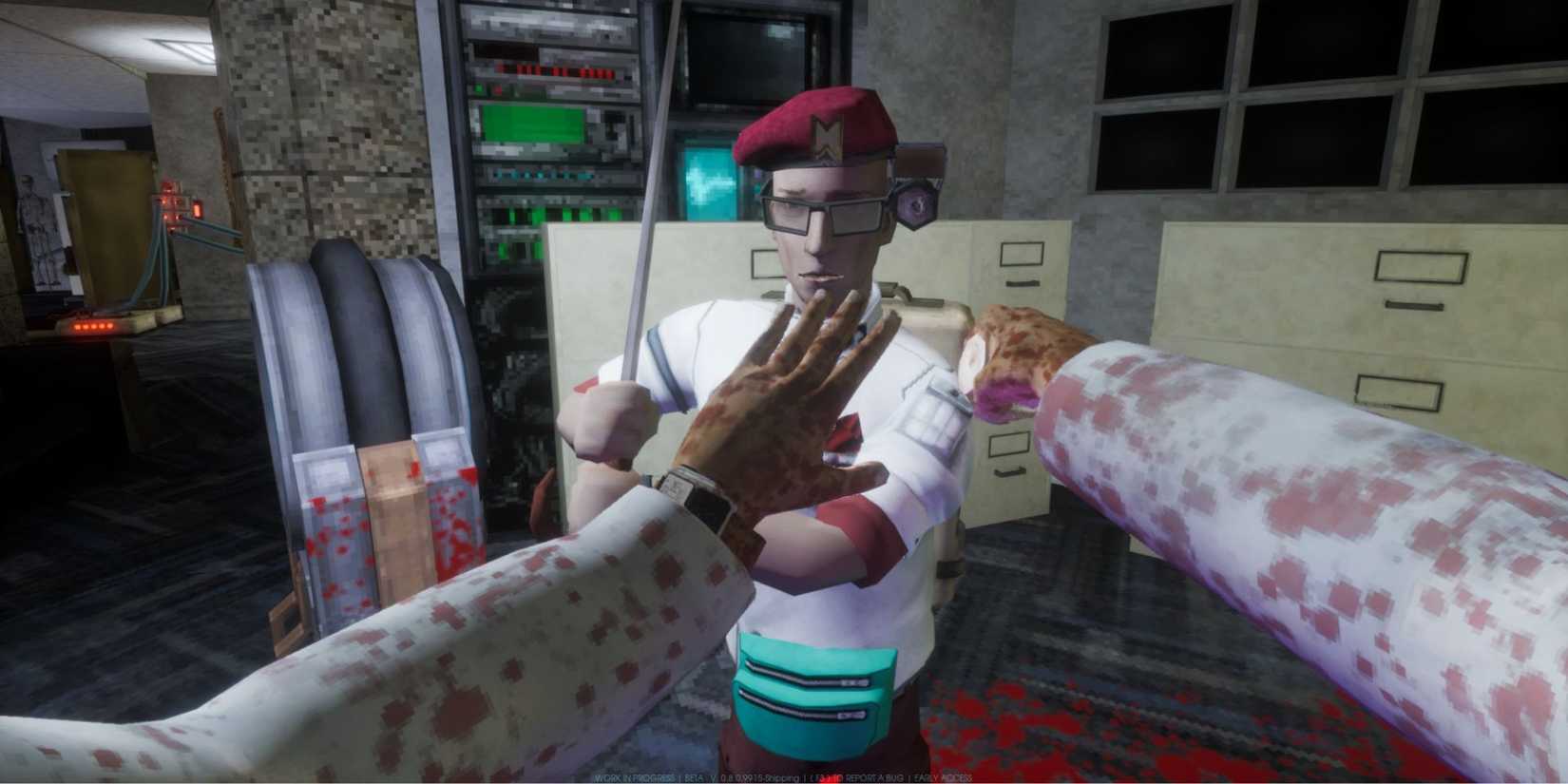 Bloody player applies bandages on another player who is bleeding out in Abiotic Factor