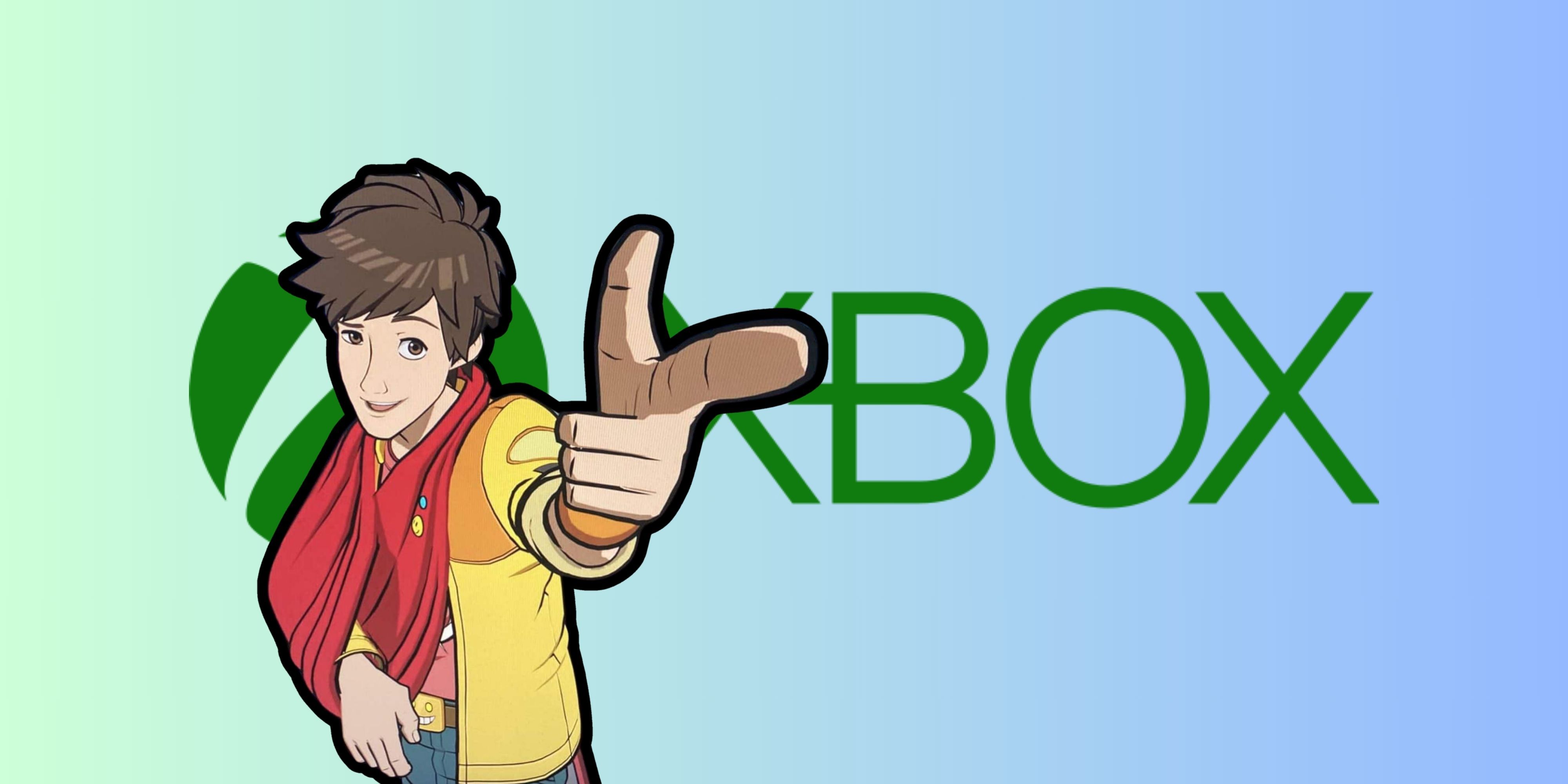 Chai from Hi Fi Rush poses in front of the Xbox logo