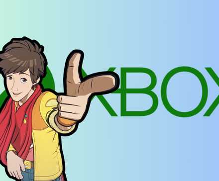Chai from Hi Fi Rush posing in front of Xbox logo