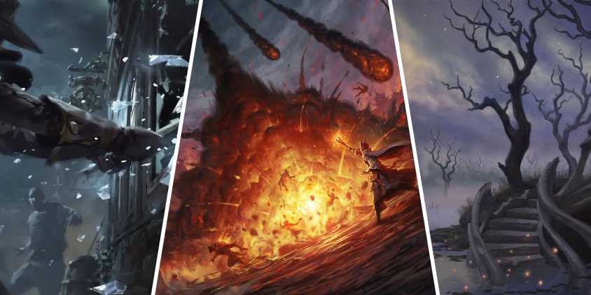 split image showing a fiery explosion, a robber breaking a glass window, and a ruined staircase in a swamp