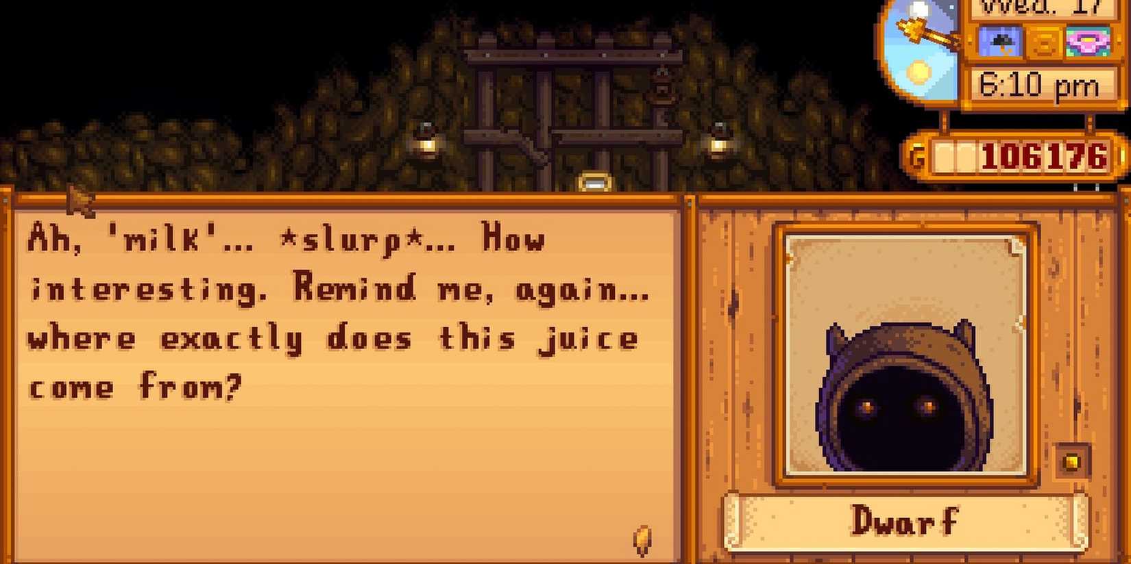 Dwarf Stardew responds to the beloved gift of milk in the valley.