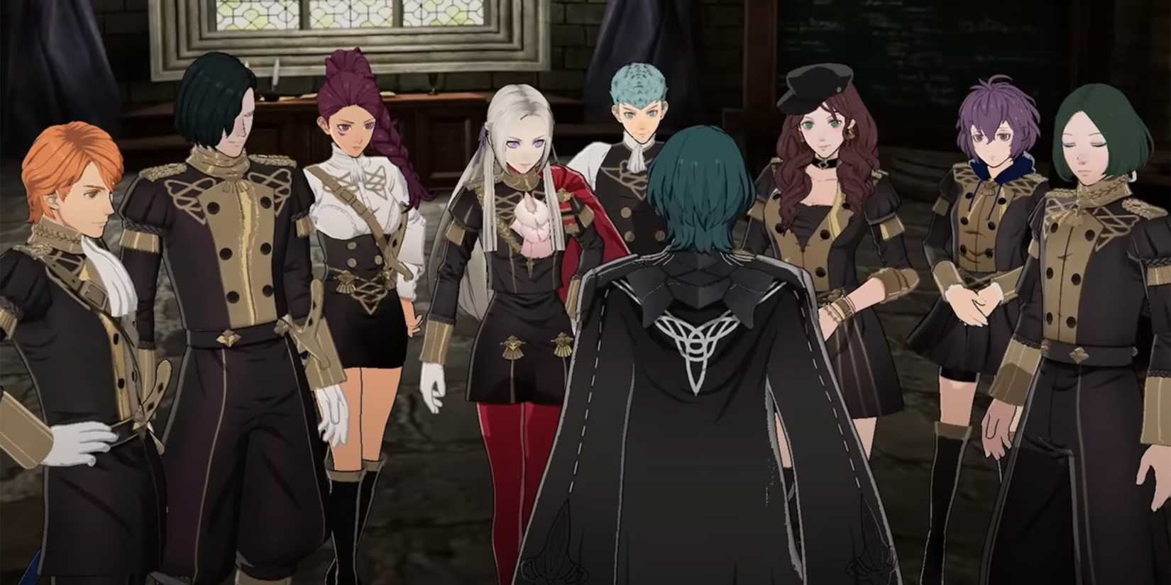 Byleth meeting the Black Eagles in Fire Emblem: Three Houses.