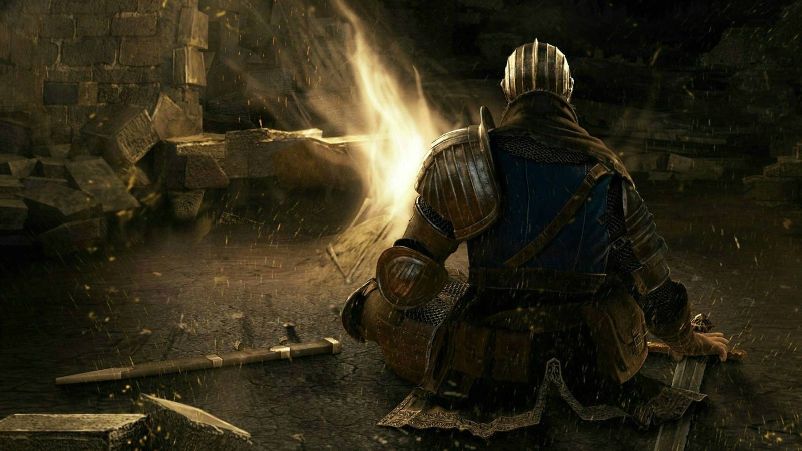 Chosen Undead sitting at a bonfire in Dark Souls — Firelink Shrine or Undead Burg, atmospheric firelight in darkness