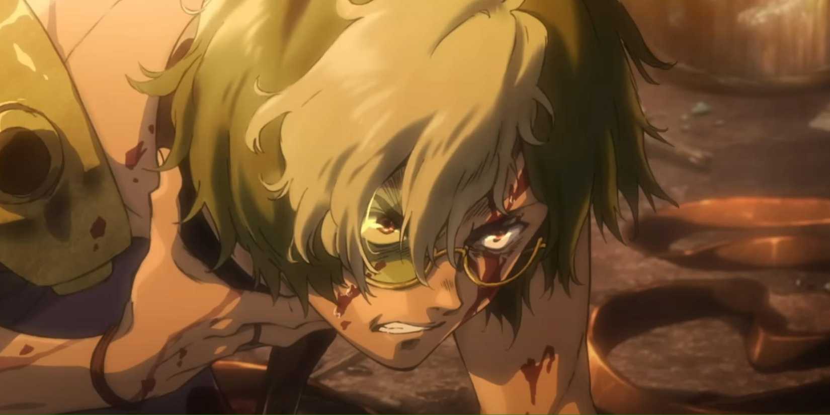 Ikoma knocked down during a fight in Kabaneri of the Iron Fortress