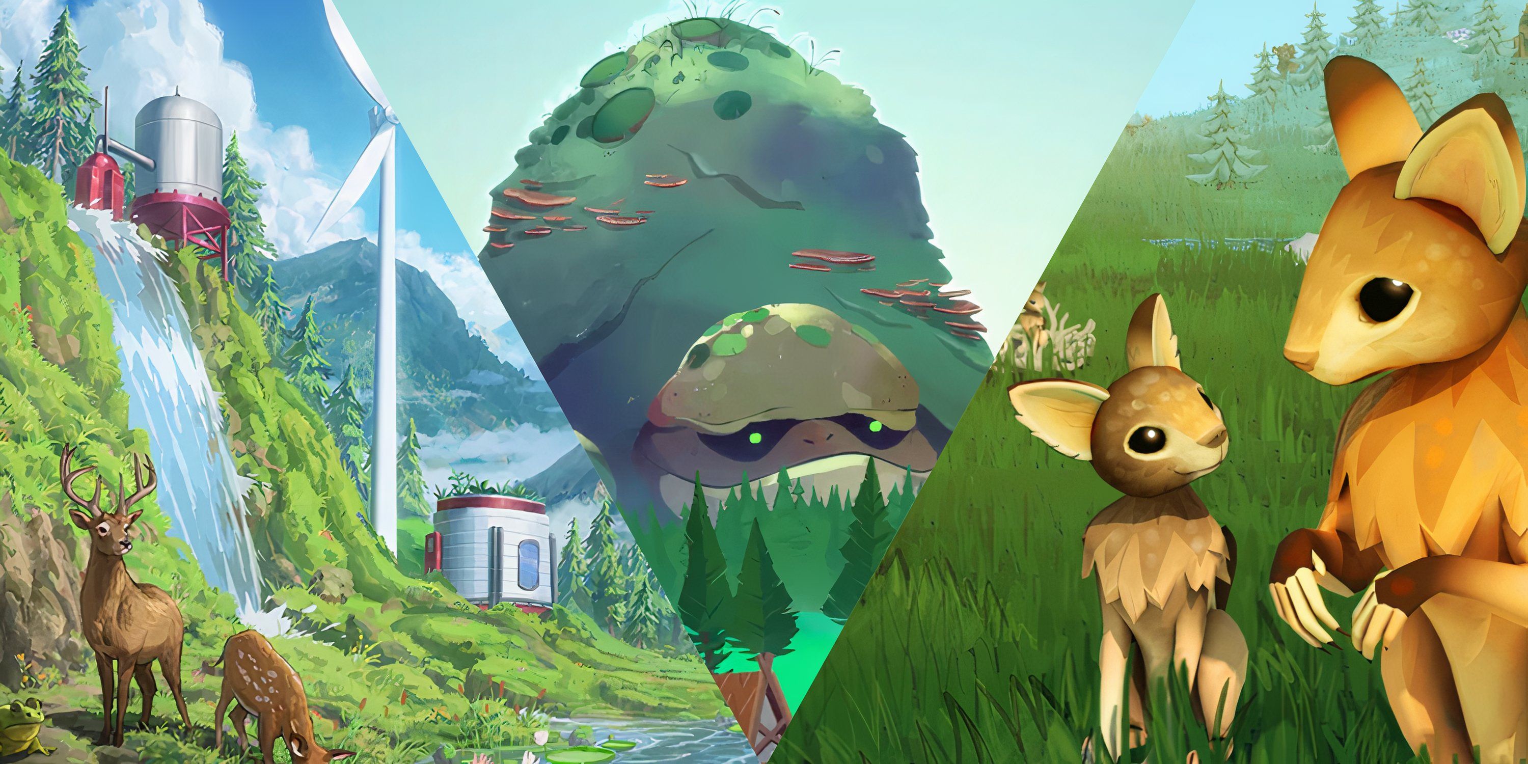 Split images of Terra Nil, Reus 2 and Niche