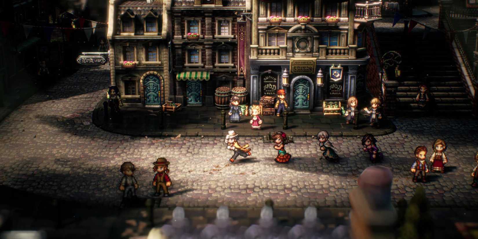 The party members from Octopath Traveler 2 exploring a town.
