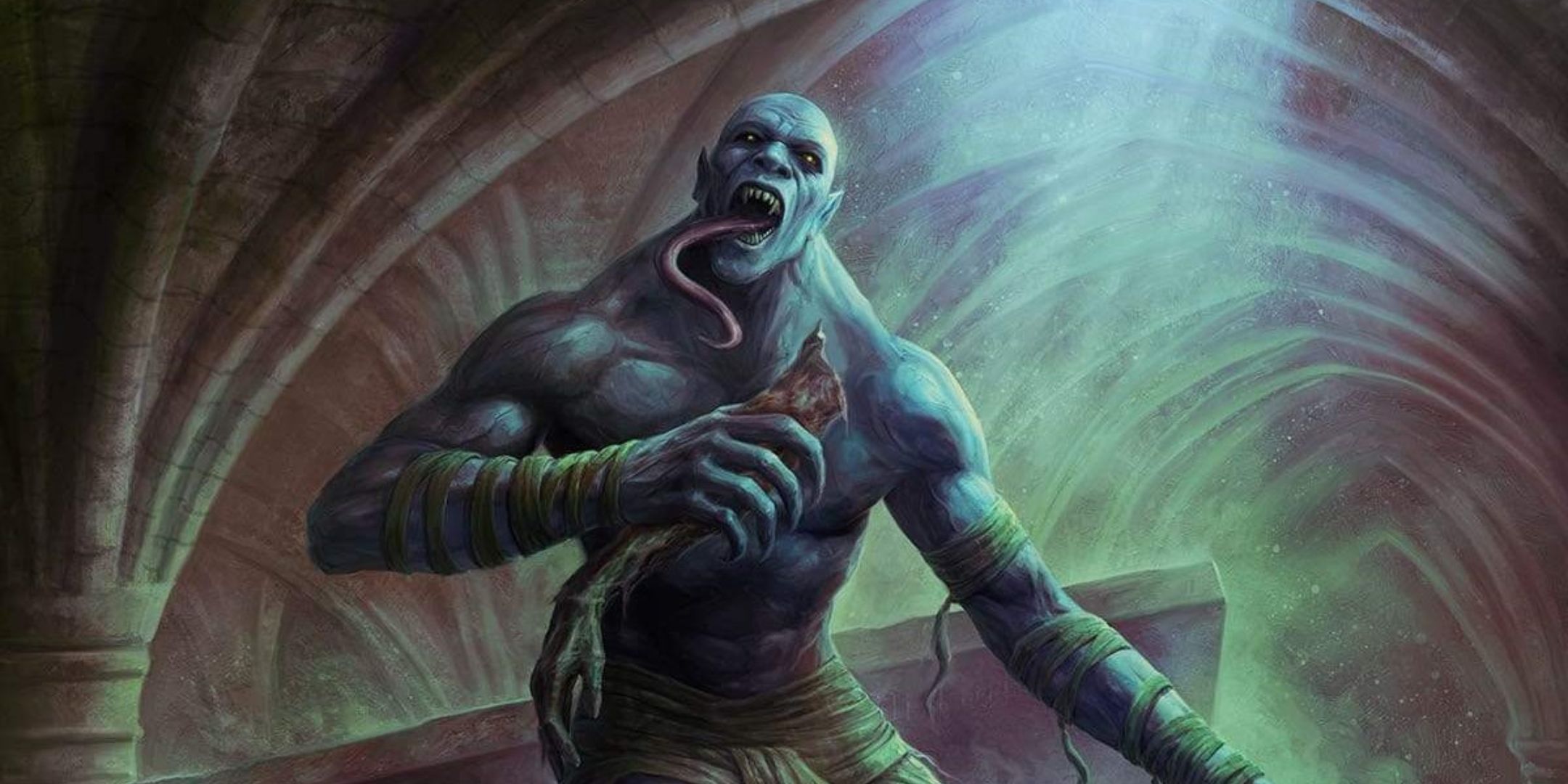 Dungeons & Dragons art of a ghoul with a long tongue in a crypt holding a severed arm.